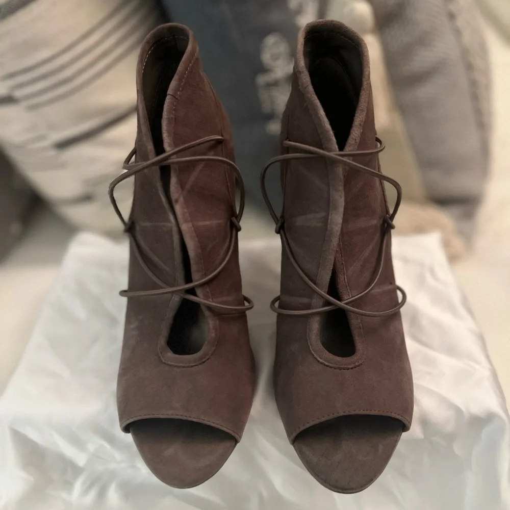 BCBG Suede Caged Open Toe Bootie